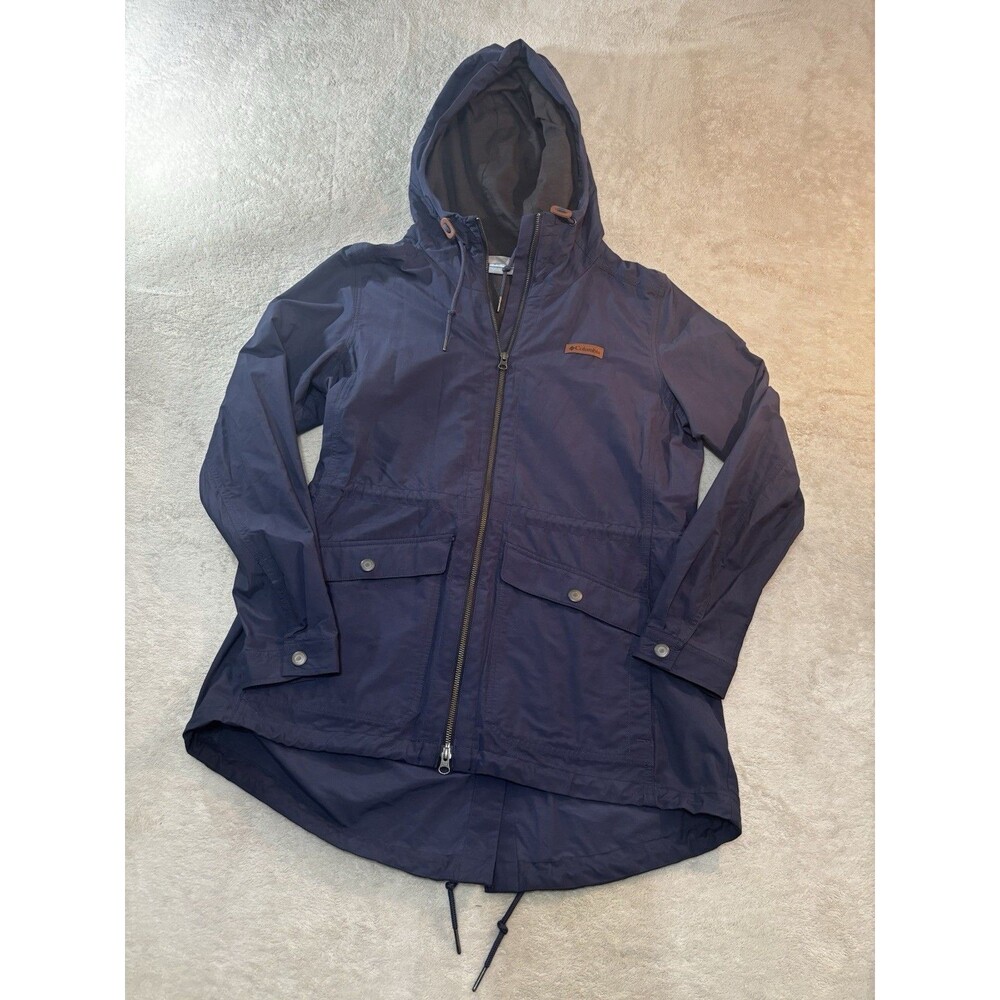 Columbia womens coat navy blue Large Mid Length Draw String Waist Lined cotton